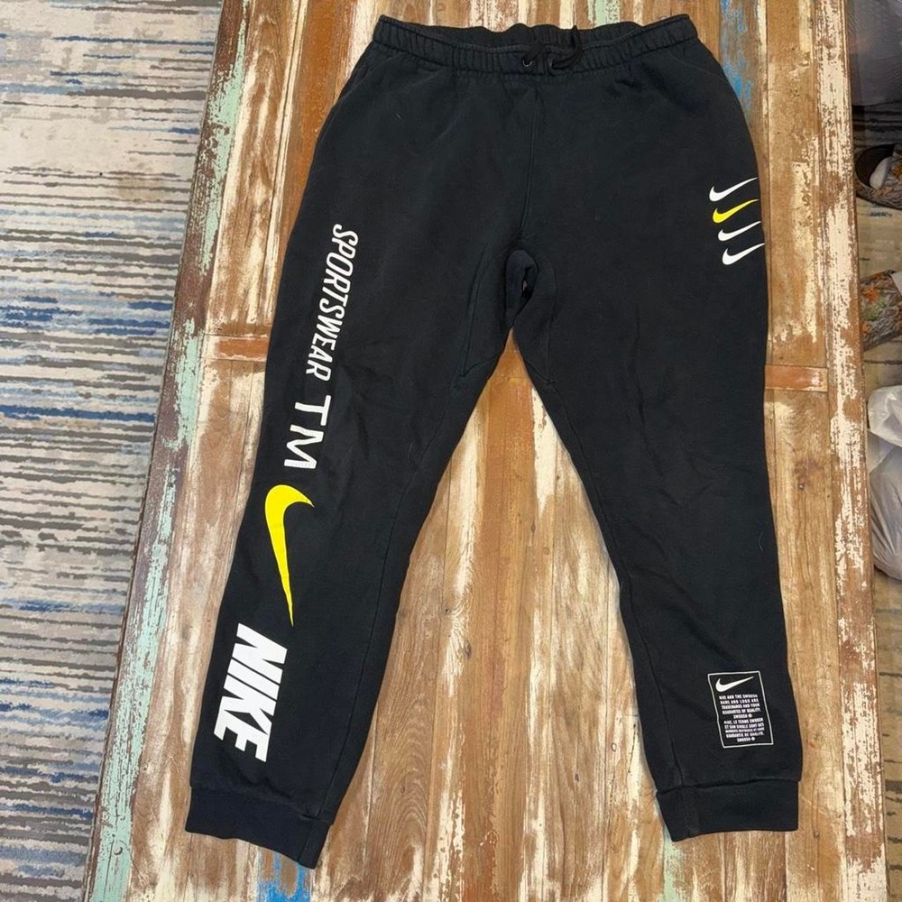 Nike Mens Sportswear TM Black Sweatpants Yellow White Swoosh Large Joggers